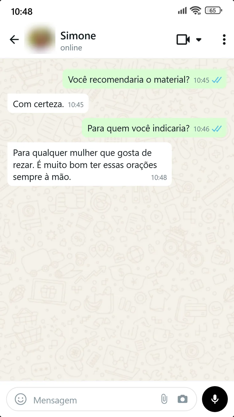 Conversa com Simone recomendando o material