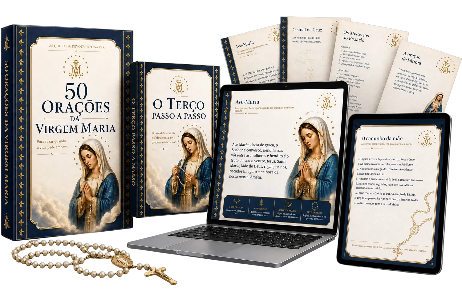 O caderno impresso, um terço, um notebook e um tablet mostrando as páginas por dentro